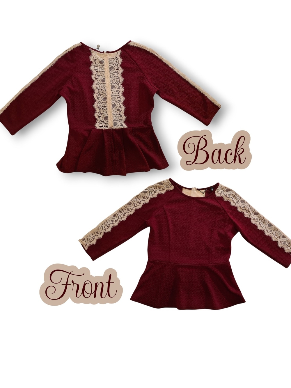 BKE Boutique Burgundy Top with Cream Lace Accents Size Small